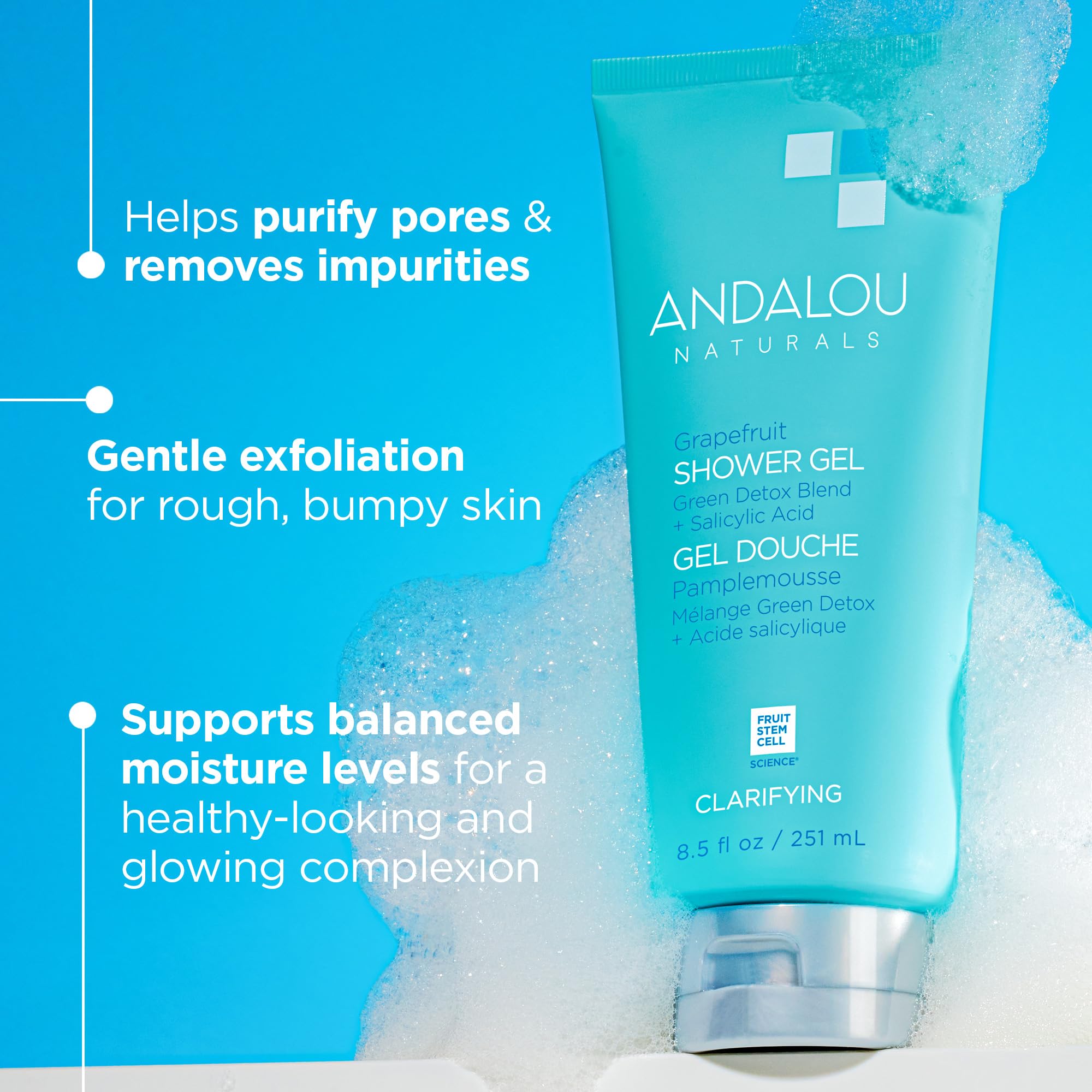 Andalou Naturals Body Wash, Clarifying Grapefruit Shower Gel, Gentle Exfoliating Salicylic Acid Body Wash with Tea Tree & Witch Hazel, Targets Back Acne, Blemishes & Excess Oil, 8.5 fl oz